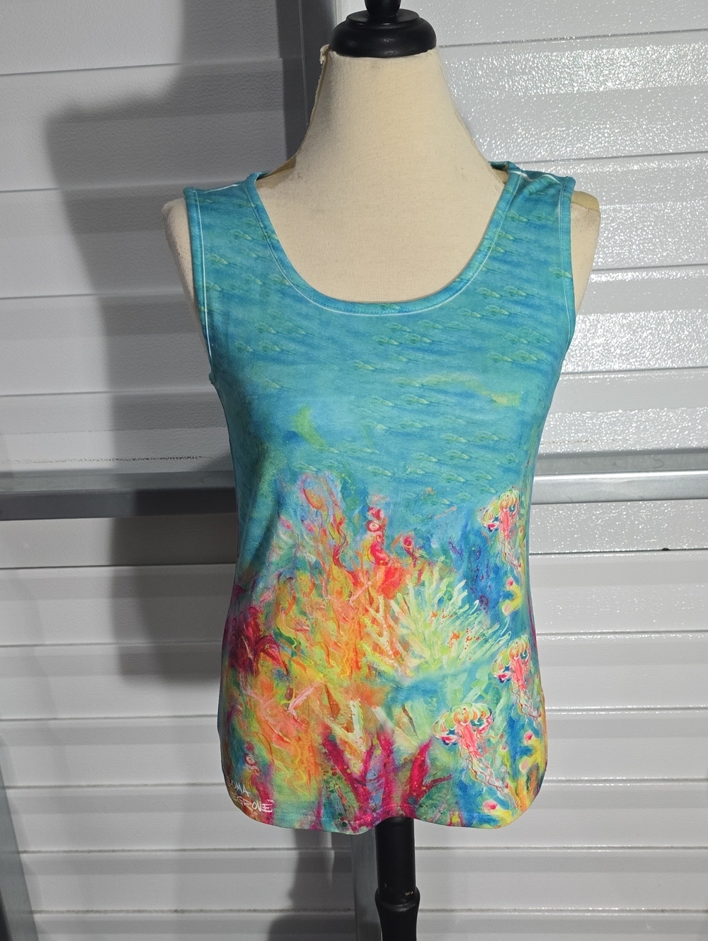 Leoma Lovegrove Aqua Coral-Print Sleeveless Tank Top Size Small